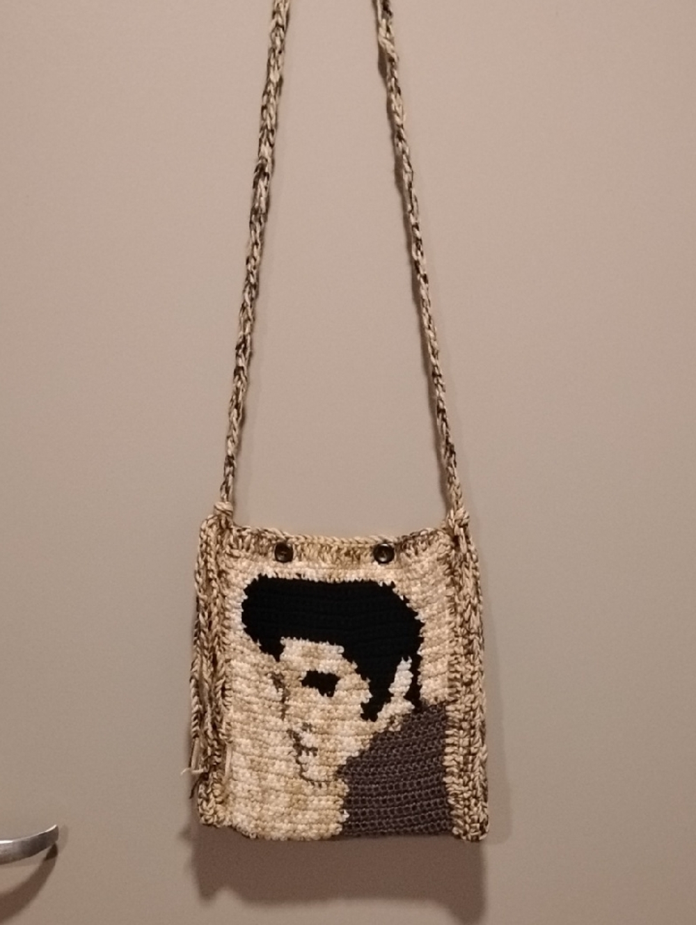 Elvis Handmade Crochet Sling Bag with Black and Cream Face Motif